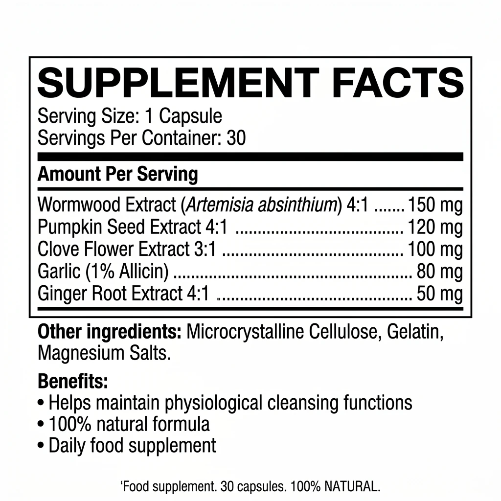 Herbofil Supplement Facts: пелин 150 mg, тиквено семе 120 mg, карамфил 100 mg, чесън 80 mg, джинджифил 50 mg